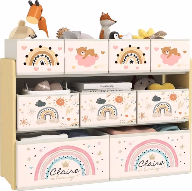 AIYAPLAY 3-Tier Toy Organiser Shelf with 9 Storage Boxes in Yellow – 1