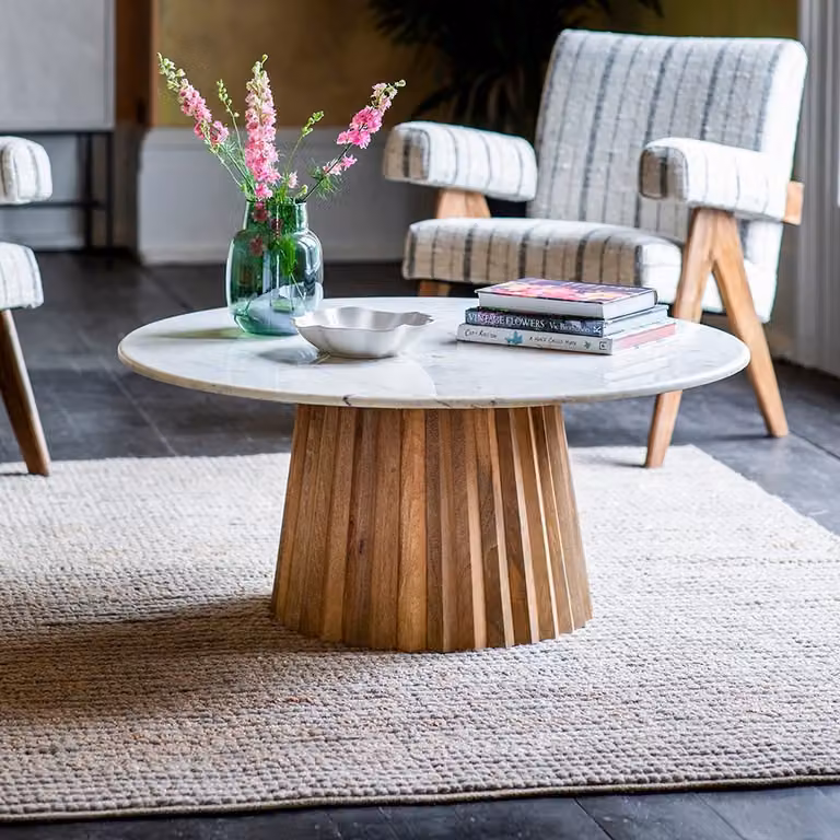 Atkin & Thyme Westbourne Round Marble and Mango Wood Coffee Table in Black and White