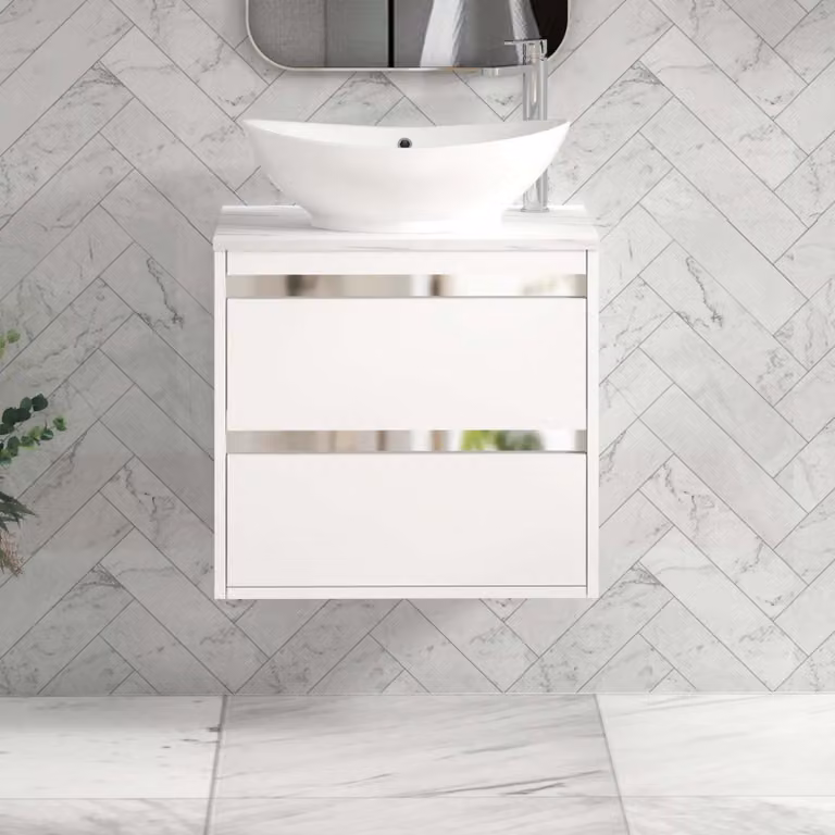 Royal Bathrooms Orion 600mm Matt White Wall Hung 2 Drawer Vanity Unit with Amaze Basin and Chrome Accent Trim