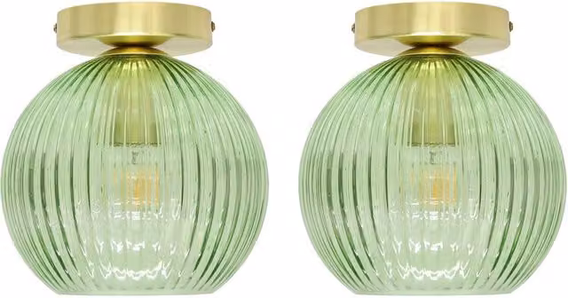 First Choice Lighting Betchley Set of 2 Green Ribbed Glass and Satin Brass Ceiling Lights