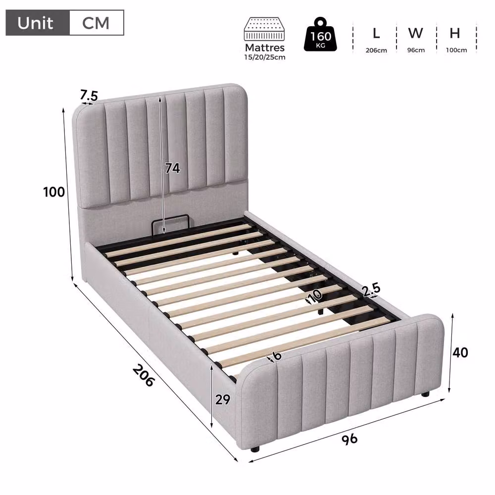 Matteo Modern Upholstered Single Ottoman Storage Bed Frame in Grey, W/D/H: 90 x 200 cm – 3