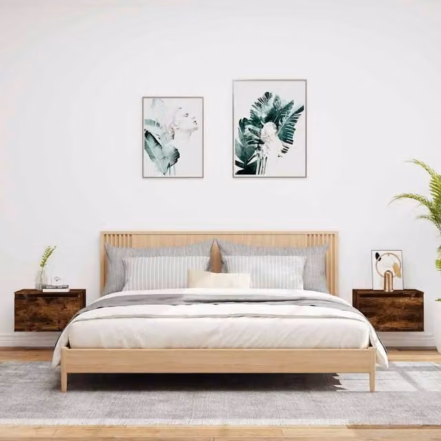 Berkfield Home Set of 2 Wall-mounted Bedside Cabinets with Integrated LED Lights, Smoked Oak, Brown, W/D/H: 36 x 30 x 50 cm