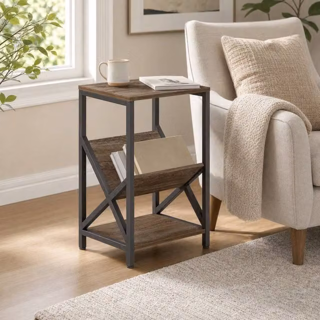 STILVORA 3-Tier Side Table with V-Shaped Organiser in Light Oak and Black