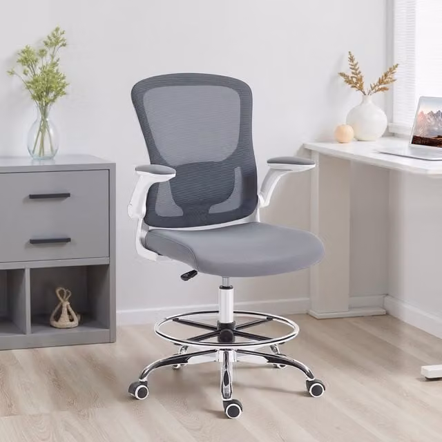 HOMCOM Ergonomic Height Adjustable Drafting Chair with Armrests and Foot Ring in Charcoal Grey