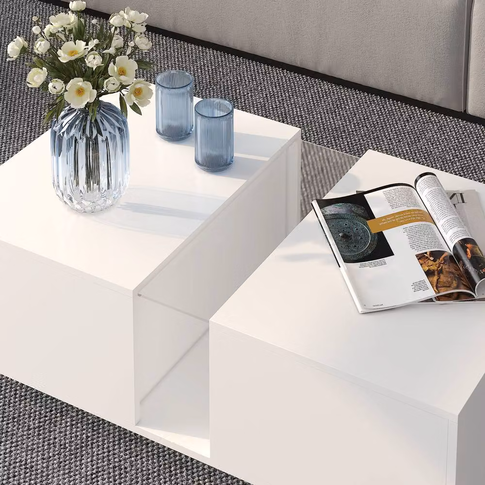 KEEPREAPER Modern Rectangular Coffee Table with Storage and Sliding Drawers in White Glossy Wood Finish – 3
