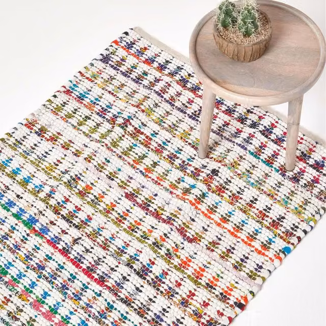 Homescapes Handwoven Multi Coloured Cotton Diamond Chindi Rug, W/D/H: 90 x 150 x 0.1 cm
