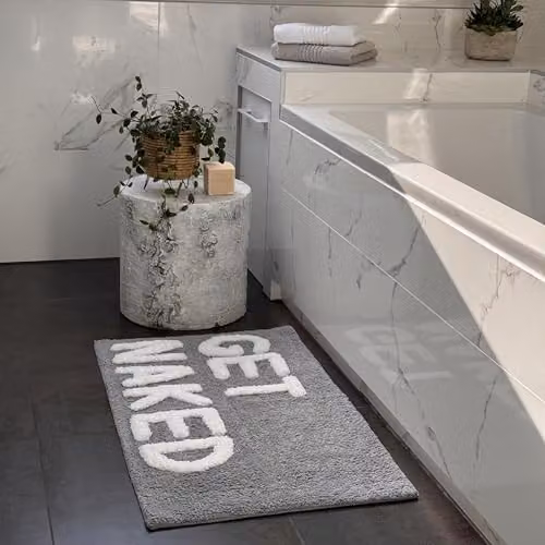 Mooky Mats Get Naked Non-Slip Tufted Slogan Bath Mat, Grey and White, W: 50 cm, D: 80 cm – 2