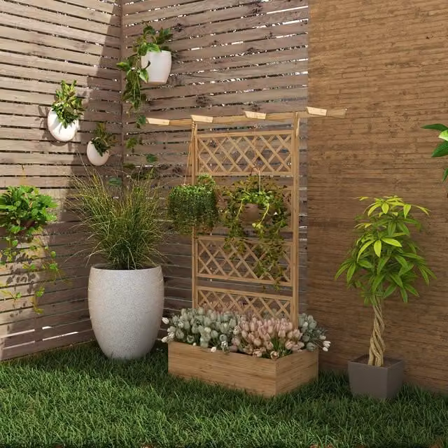 Outsunny Natural Wood Raised Garden Bed with Trellis for Climbing Plants