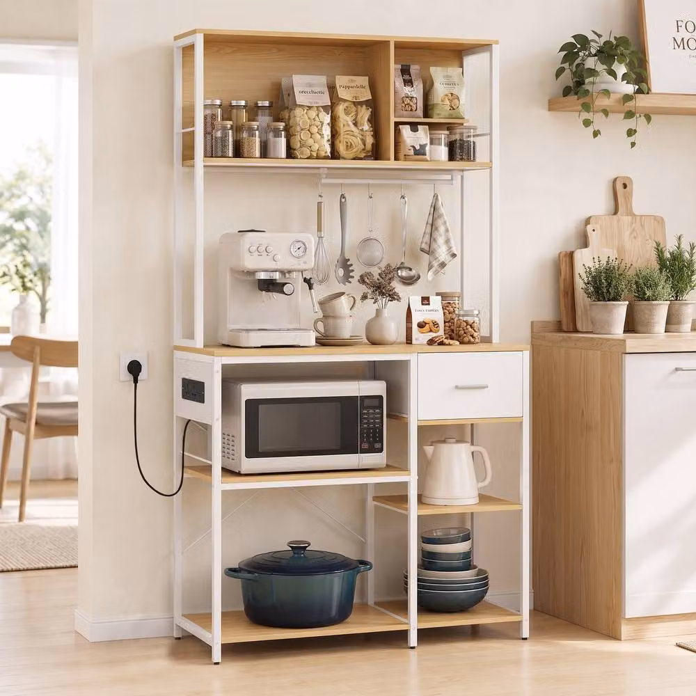 HOMCOM Kitchen Storage Rack with Power Outlet, USB and Type-C Ports, Drawer, Shelves and 4 Hooks, Oak and White – 2