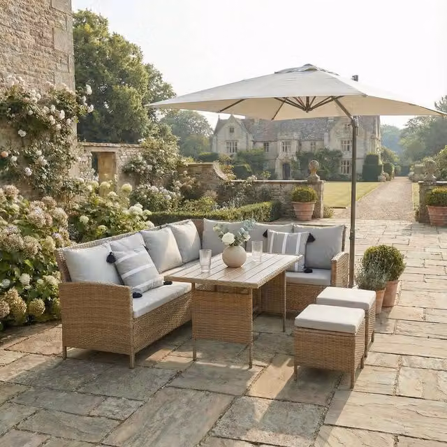 Home Garden Direct Bideford 8-Seat Rattan Corner Dining Sofa Set in Brown with Light Grey Cushions