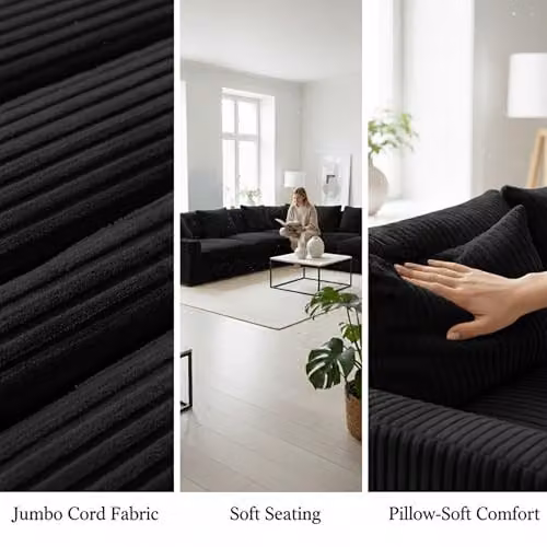 Bliss Furniture Jumbo Cord U-Shaped Scatter Back Sofa in Black with Removable Covers and Scatter Cushions – 4