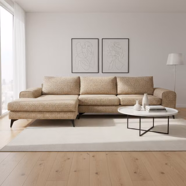 Abakus Direct Venice L-Shape Corner Sofa in Beige and Brown Bouclé Fabric, Left-Hand Facing