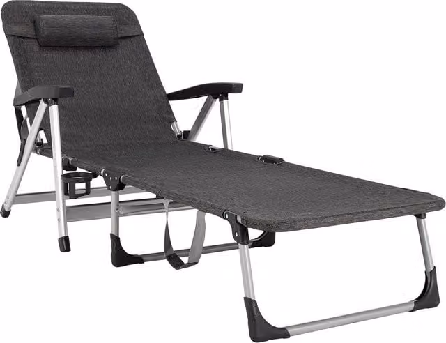 Costway Grey Folding Outdoor Chaise Lounge with Adjustable Headrest and Powder Coated Aluminium Frame