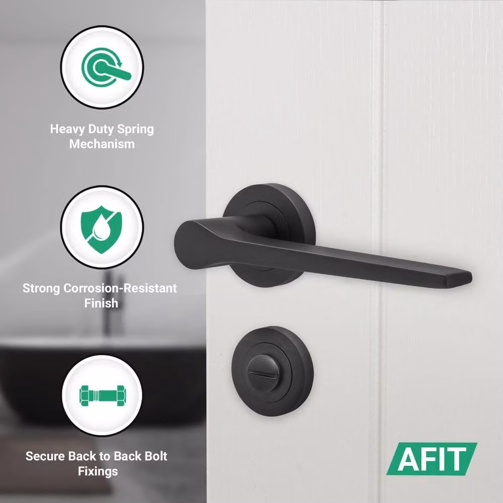 AFIT Matt Black Aluminium Bathroom Door Handle Set with Lock and Hinges – 2