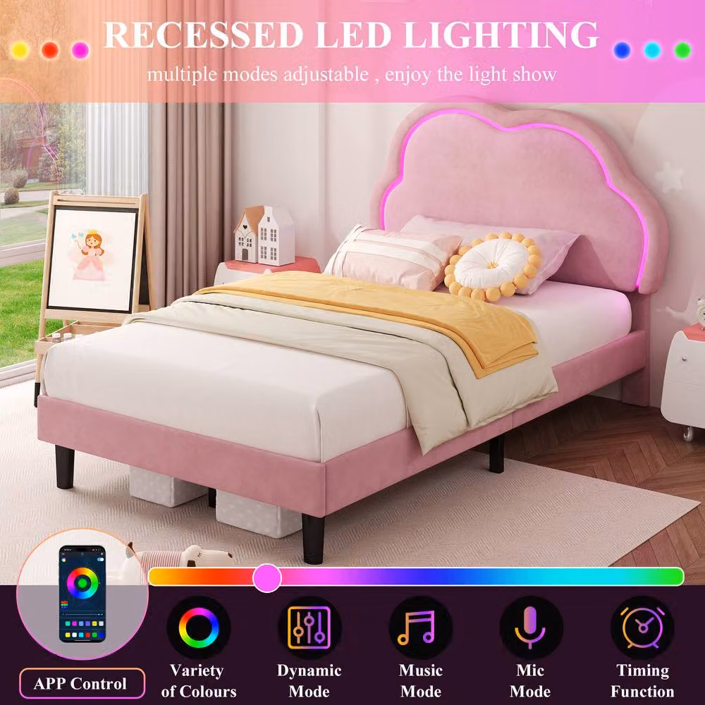 Merax 3ft Single Upholstered Velvet Bed with LED Adjustable Cloud Headboard in Pink, W/D/H: 90 x 190 cm – 3