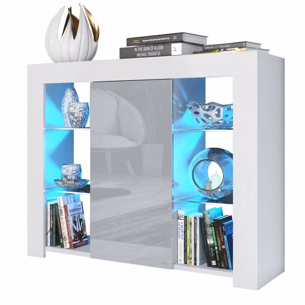 SPETLEK Modern TV Unit with Glass Doors and Integrated Lighting in White Matt and Grey High Gloss – 2