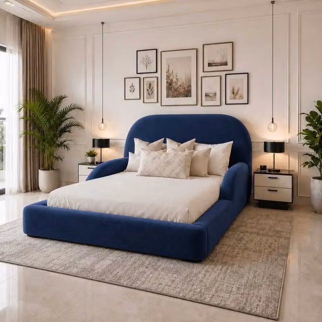 Abstract Haven Ottoman Storage Bed with Headboard by K Mehmood Enterprise Ltd, Blue Fabric, W/D/H: 90 x 190 cm