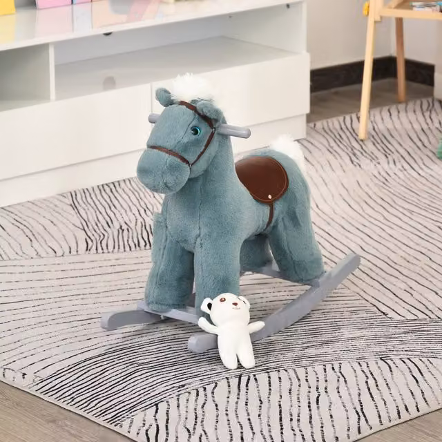 HOMCOM Interactive Blue Plush Wild Animal Rocking Horse with Sound Effects
