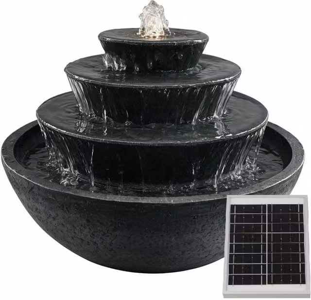 Gardenwize Solar Tiered Stacked Bowl Cascade Water Feature in Dark Grey with Warm White LED Lights and Battery Backup, H 54.0 cm x W 32.5 cm x D 54.0 cm – 1