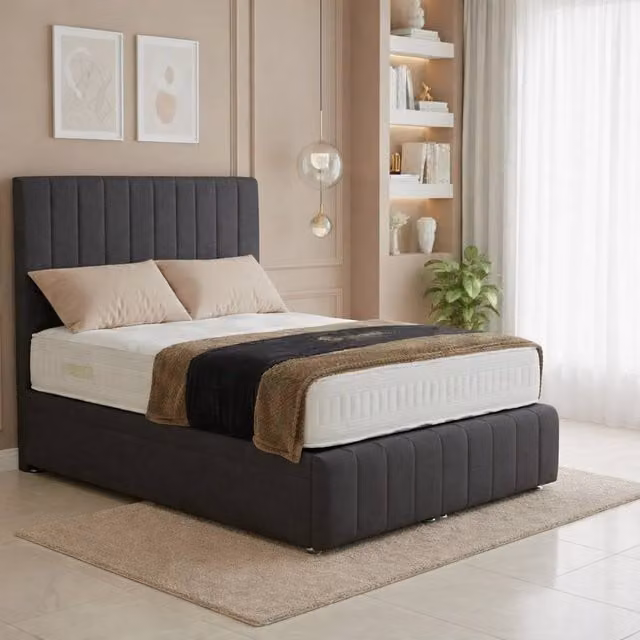 BSSPOKE Sierra Ottoman Divan Bed in Grey Plush Velvet with 54 inch Headboard, W/D/H: 140 x 200 cm