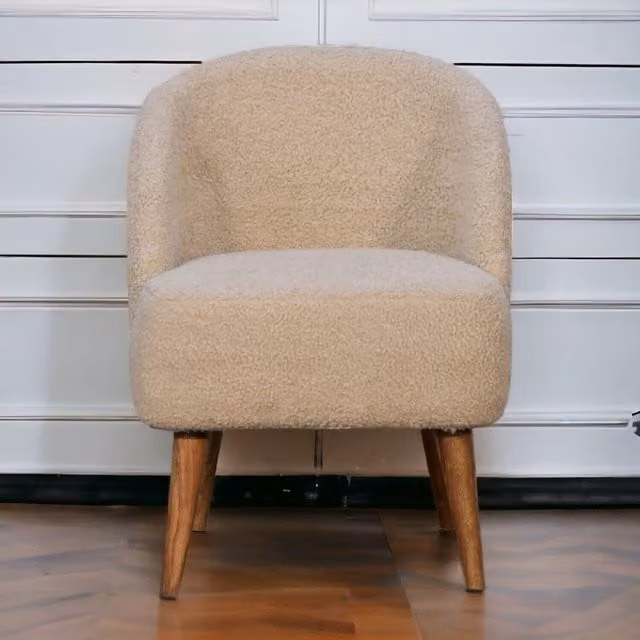 Artisan Furniture Scandinavian Mango and Oak Wood Tub Chair with Armrests in Beige and Brown Bouclé