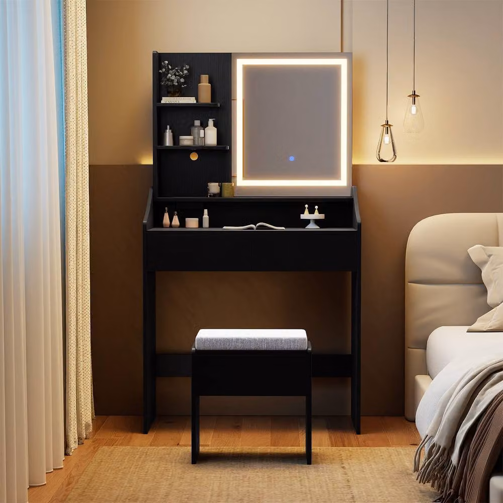 Costway Modern Wooden Vanity Desk Set with Hollywood LED Mirror and Storage Stool in Black – 4