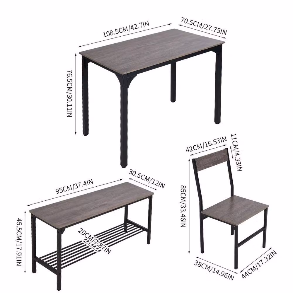 KORVIXA Grey Industrial Dining Set with Square Wood Table, 2 Stools and 1 Bench, W/D/H: 100 x 100 x 100 cm – 2