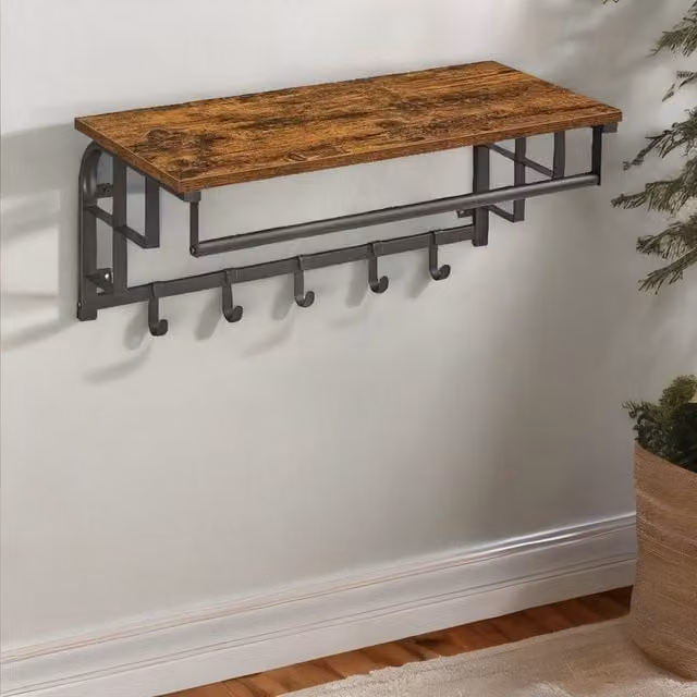 Rafaelo Mobilia Industrial Wall Mounted Floating Shelf with Hanging Rail and Hooks in Brown and Black, W: 66 cm, H: 30 cm, D: 15 cm – 1