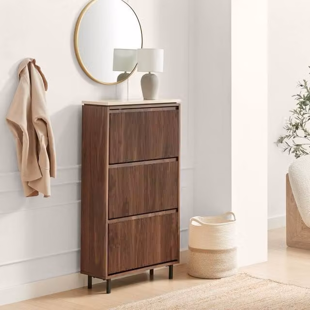 FurnitureboxUK Penrose 3 Door Shoe Storage Cabinet in Walnut and Cream Marble Effect