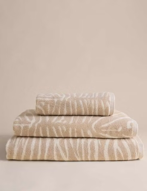 M&S Fluffy Cotton Terry Striped Towel in Beige