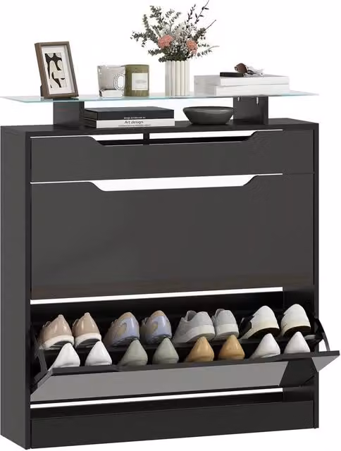 Nordara Modern Black Shoe Cabinet with High Gloss Front Panels and Glass Top, W: 120 cm, D: 60 cm, H: 60 cm – 1
