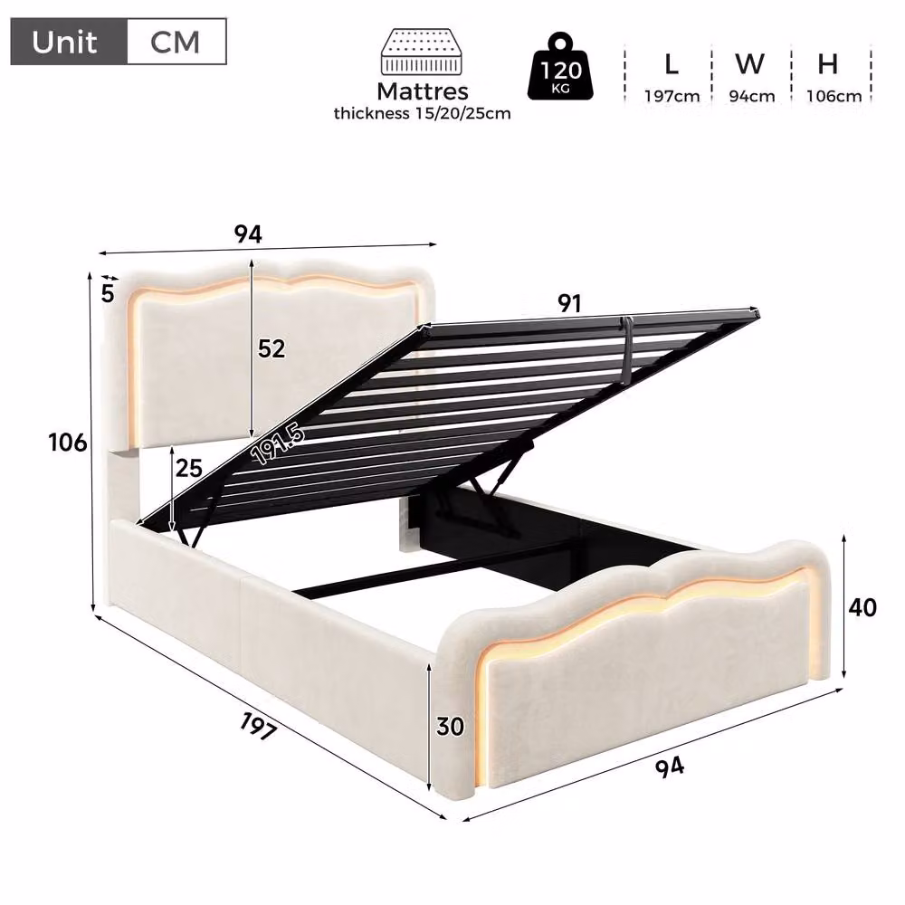 Merax 3ft Single Velvet Ottoman Bed Frame with LED Light and Hydraulic Storage in Beige, W/D/H: 90 x 190 x 32 cm – 2