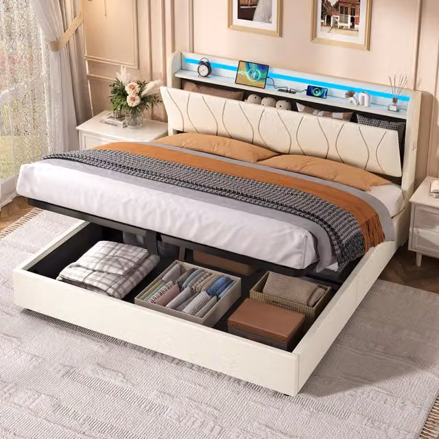 Aosom UK 5ft King Upholstered Bed Frame with Hydraulic Storage, RGB LED Lighting and USB Charging Station, Beige, W: 155 cm, D: 220 cm, H: 105 cm