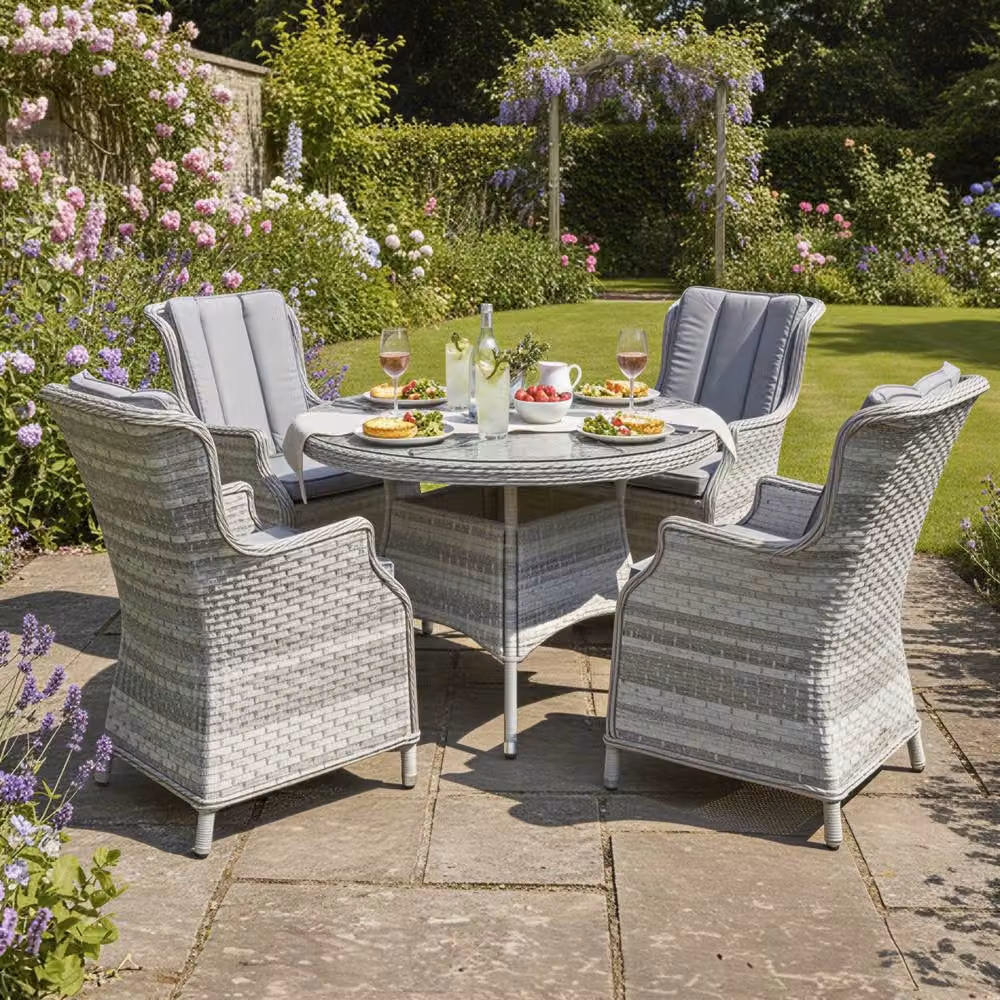 Oseasons Knightsbridge XL 4 Seat Rattan Dining Set in Dove Grey with Round Glass Top – 3