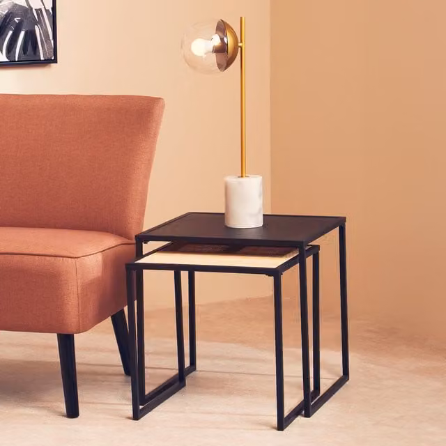 Orsina Modern Nest of Two Square Side Tables in Black Rattan and Metal – 1