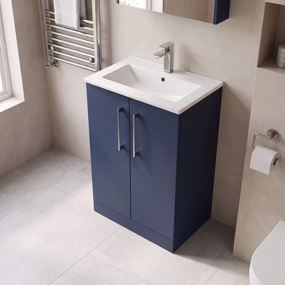 Balterley Blue Modern Freestanding Bathroom Floor Vanity Unit with Soft Close Doors and Basin, Width: 60 cm – 2