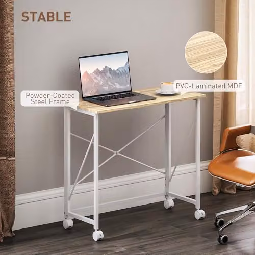 HOMCOM Small Folding Computer Desk with Castors, Sand – 4