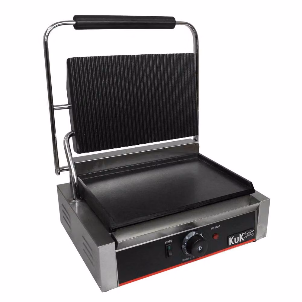 KuKoo Silver Grooved and Flat Panini Press with Cast Iron and Stainless Steel Plates – 6