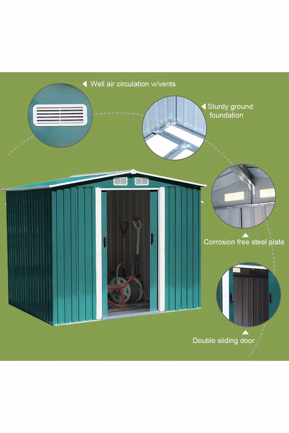 Living and Home Metal Garden Storage Shed with Apex Roof, Double Doors and Base Foundation, Dark Green, W: 243.84 cm, D: 182.88 cm, H: 182.88 cm – 4