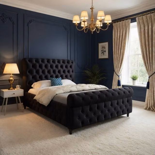 Casani Steventon Sleigh Upholstered Designer Bed Frame in Black Velvet, W/D/H: 144 x 119 x 200 cm