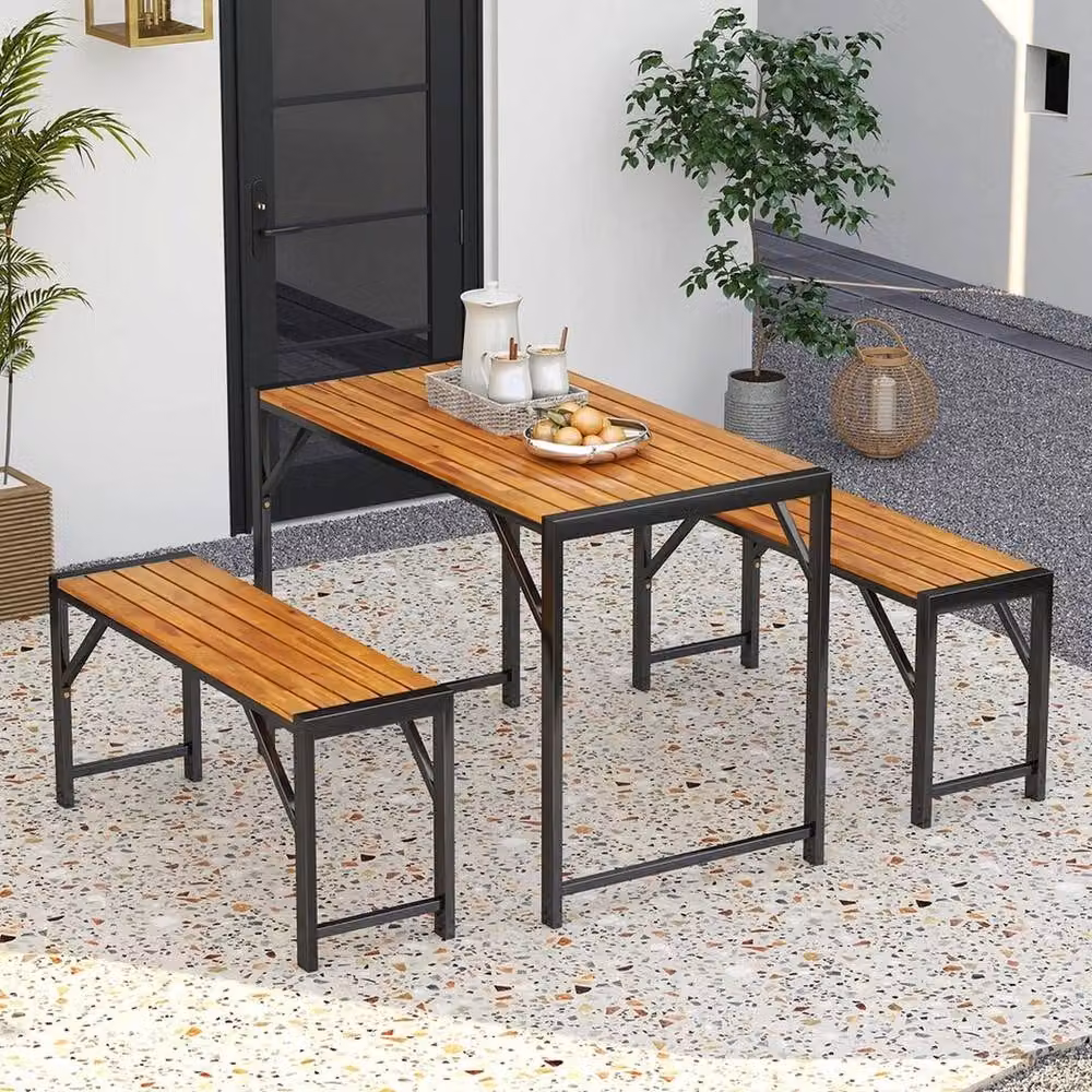 KORVIXA 3-Piece Acacia Wood Patio Dining Set for 4 People in Brown, W: 100 cm – 3