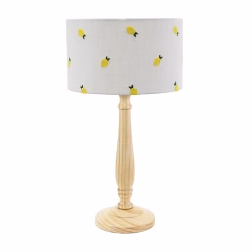 ValueLights Natural Wood Candlestick Table Lamp with Yellow Lemon Embroidered Drum Shade and LED Bulb