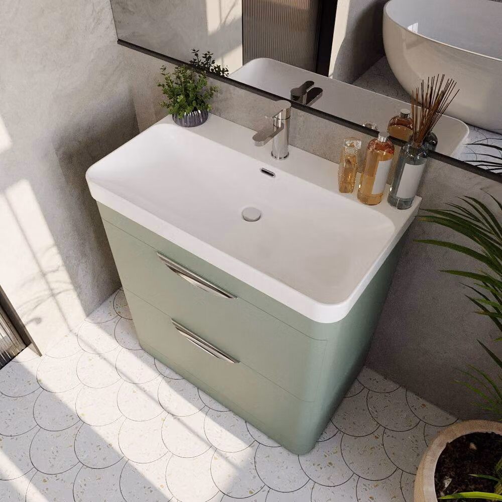 Balterley Wave 800mm Floor Standing 2 Drawer Vanity Unit with Polymarble Basin, Satin Green – 3