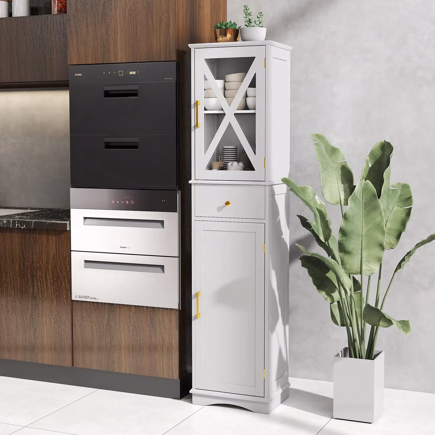 Gymax Freestanding Tall Storage Cupboard with Glass Doors and Internal Shelves in White and Gold – 4