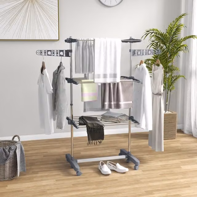 HOMCOM Foldable Clothes Drying Rack with Wing Arms and Wheels, Grey, Height: 152 cm