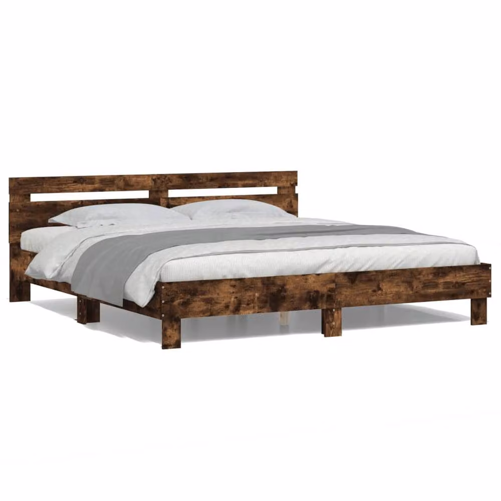 Berkfield Home Durable Bed Frame with Under-Bed LED Lighting in Smoked Oak Brown, W: 160 cm, D: 200 cm, H: 70 cm – 4