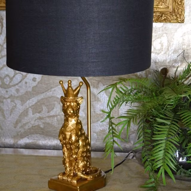 Madison & Mayfair Gold Leopard Metal Table Lamp with Black Shade, H 49.7 cm x W 35.5 cm x D 35.3 cm – 1