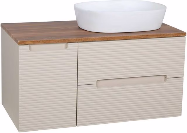 Bathroom Kingdom Monza Wall Hung Fluted Vanity Basin in Oatmeal and Walnut, 900mm