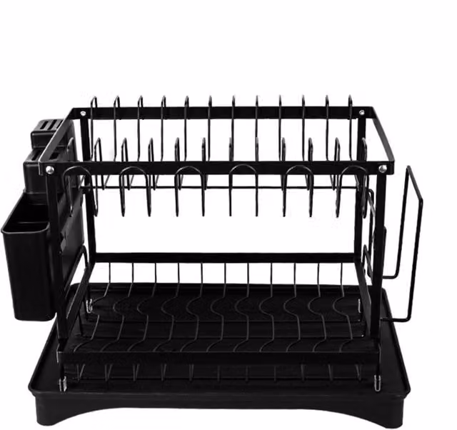 KDMD 2 Tier Sink Dish Drainer Rack with Drip Tray and Cutlery Holder, Black Coated Steel – 1