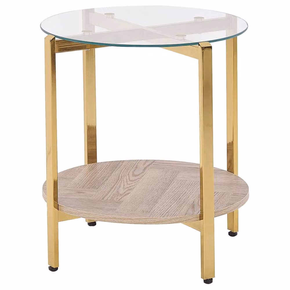 Wyld and Coco Round Gold Side Table with Tempered Glass Top and Wood Shelf, Diameter: 50 cm – 2